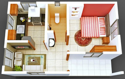 thiết kế căn hộ, căn hộ 1 phòng ngủ, nhà chung cư, bố trí nội thất
