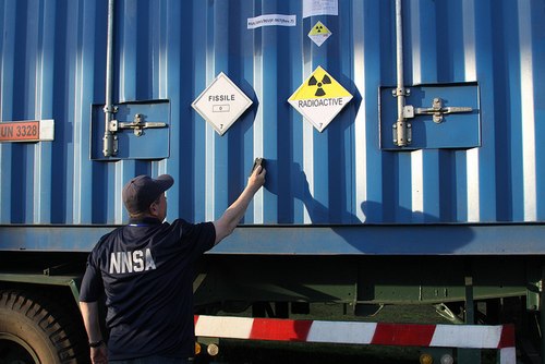 The special container containing fuel rods. A staff of the Idaho National Laboratory, Igor Bolshinsky, measured radiation levels from the container.