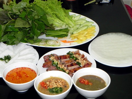 Vietnamese fresh rolls, banh xeo, nem lui, nem nuong, bo la lot, ca nuc hap cuon banh trang