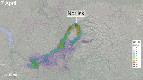 Sentinel satellite, sulphur dioxide pollution