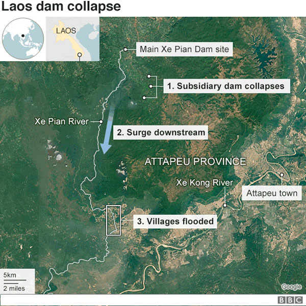 Laos, dam collapse, race to rescue flooded villagers